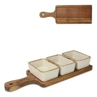 InSideOut Wooden serving board with 3 ceramic bowls  - LT57207 (gadzety reklamowe)